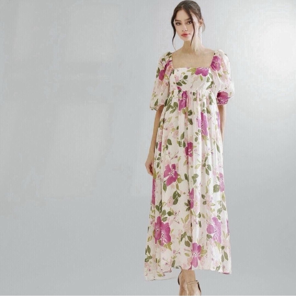 Floral Puffy Sleeve Babydoll Holiday Midi Dress